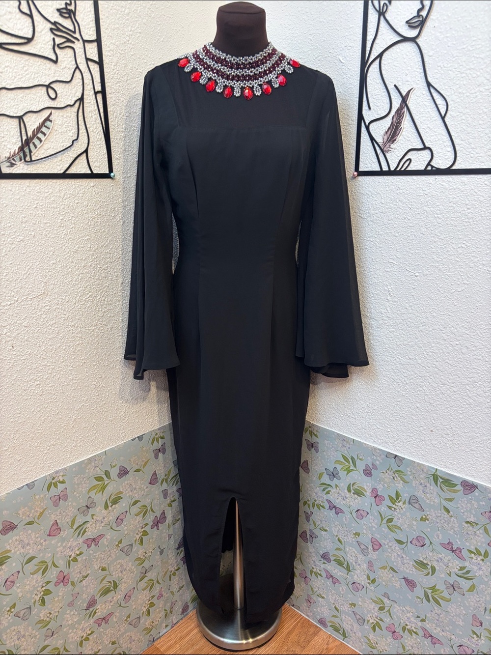 Elegant black long bell sleeve maxi dress with jeweled neckline. Size S. - Picture 4 of 17
